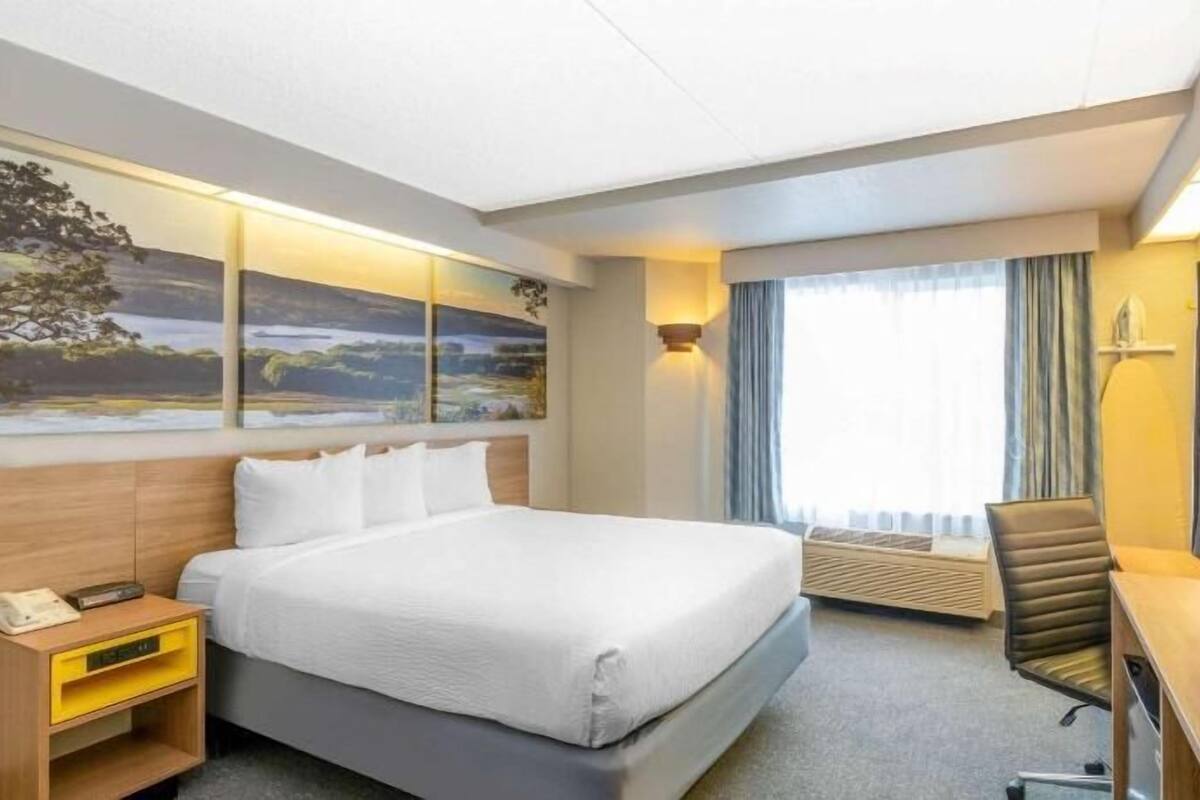 Una habitación de hotel con cama, un escritorio con silla, televisión y cuadros en la pared.