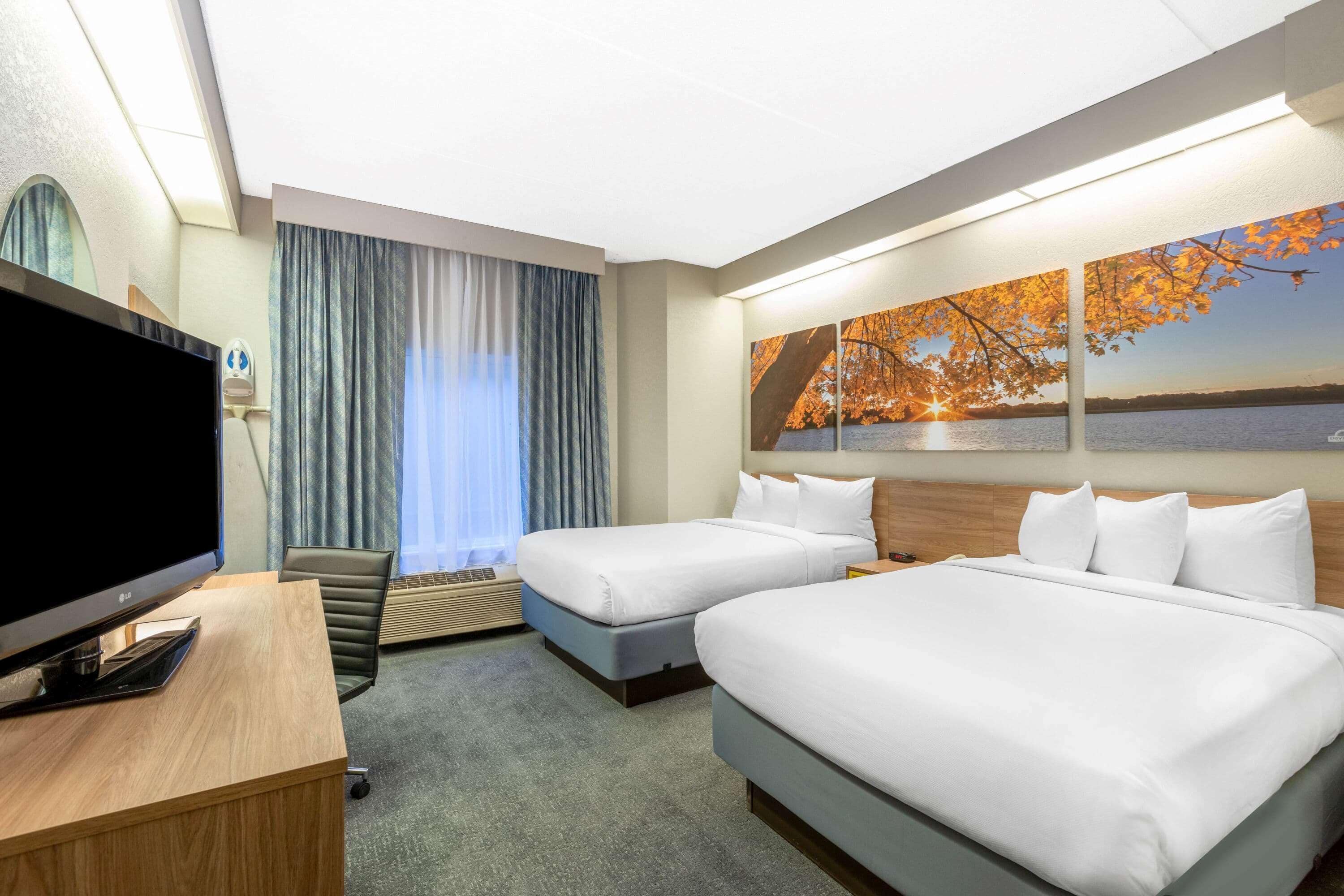 Desk, laptop workspace, iron/ironing board, free cribs/infant beds