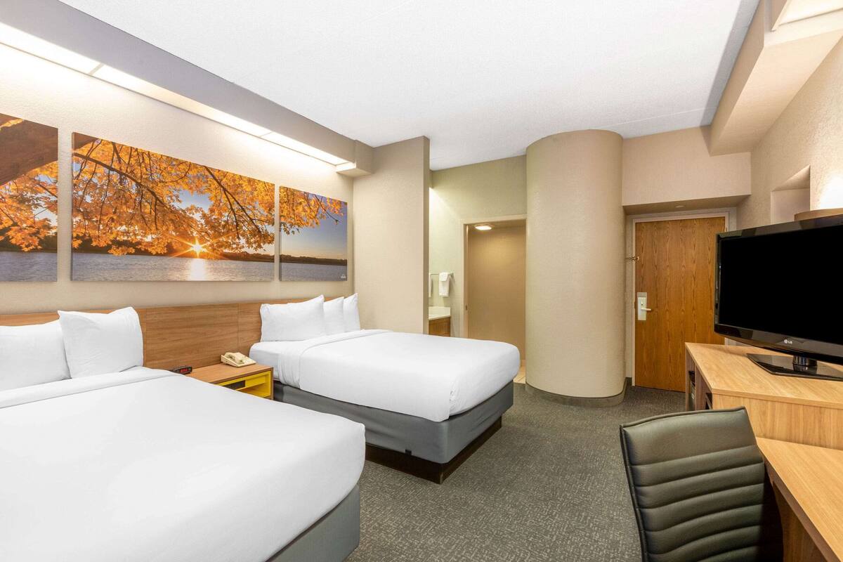 Una habitación de hotel con dos camas, un escritorio con televisor y un cuadro de hojas otoñales.