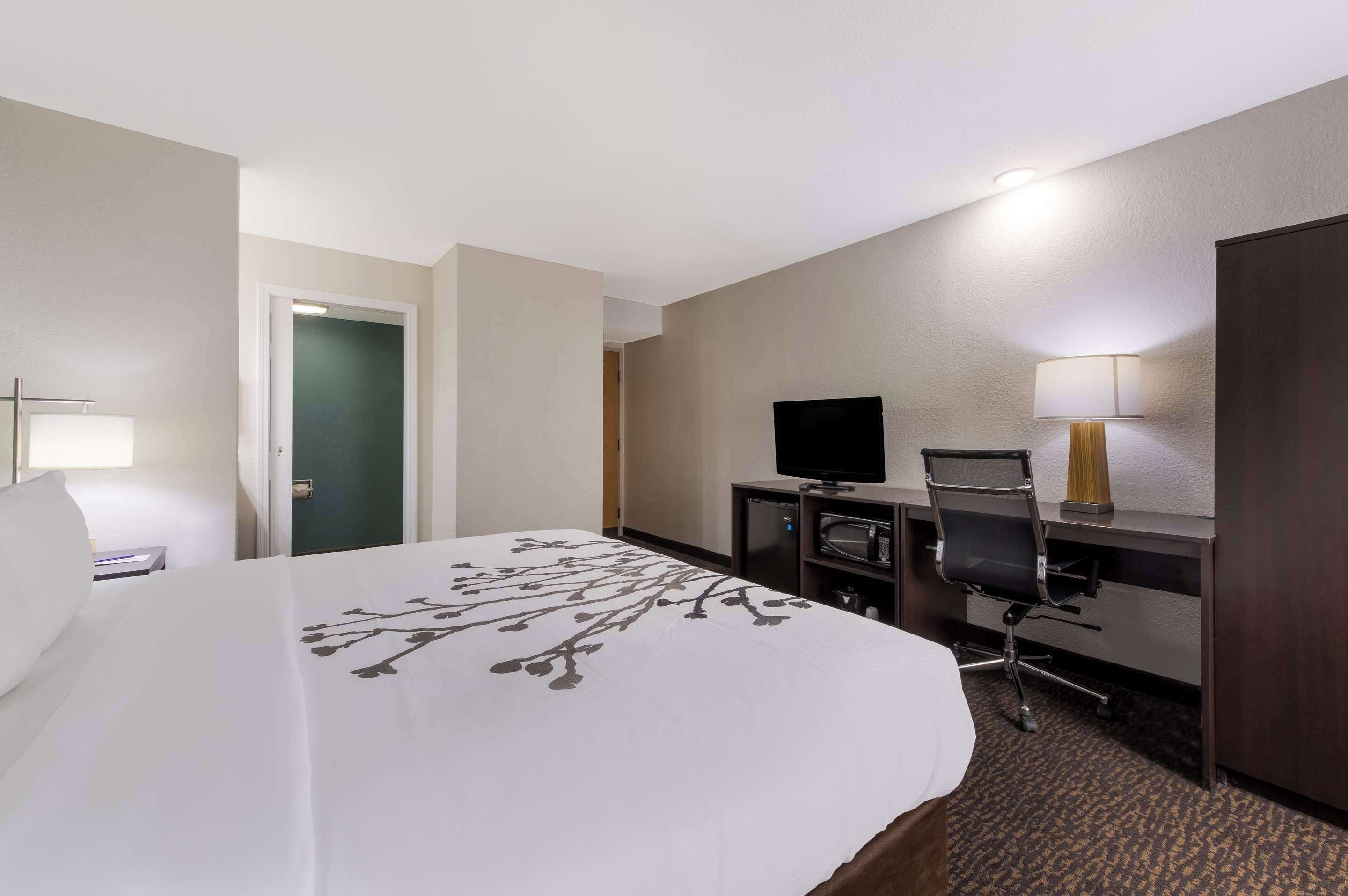 A hotel room with a large bed, a desk with a computer, a television, and a lamp.