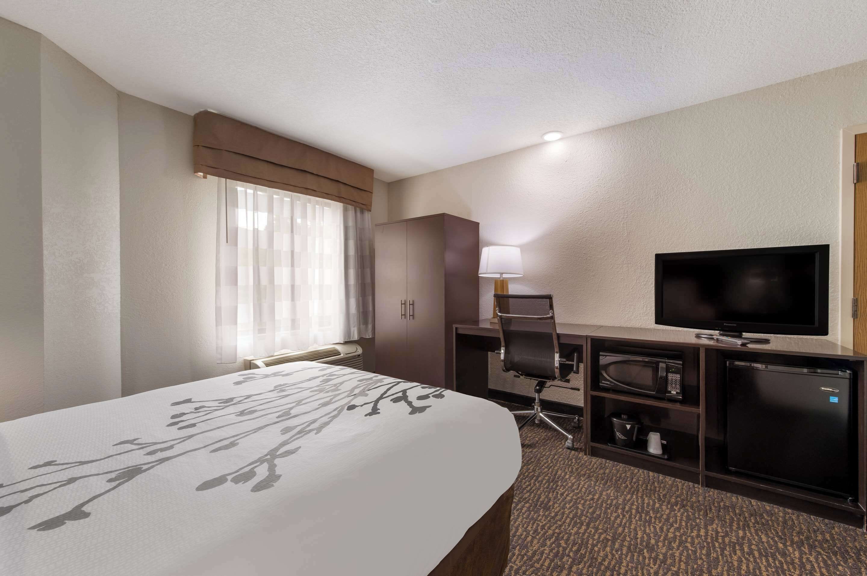Une chambre d’hôtel avec un grand lit, un bureau avec une télévision, un four à micro-ondes et un réfrigérateur.