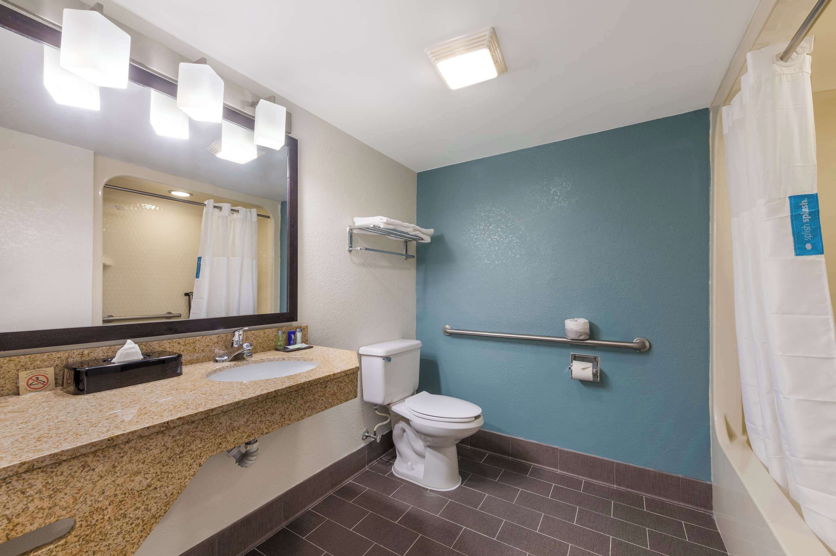A bathroom with a sink, mirror, toilet, and shower curtain.