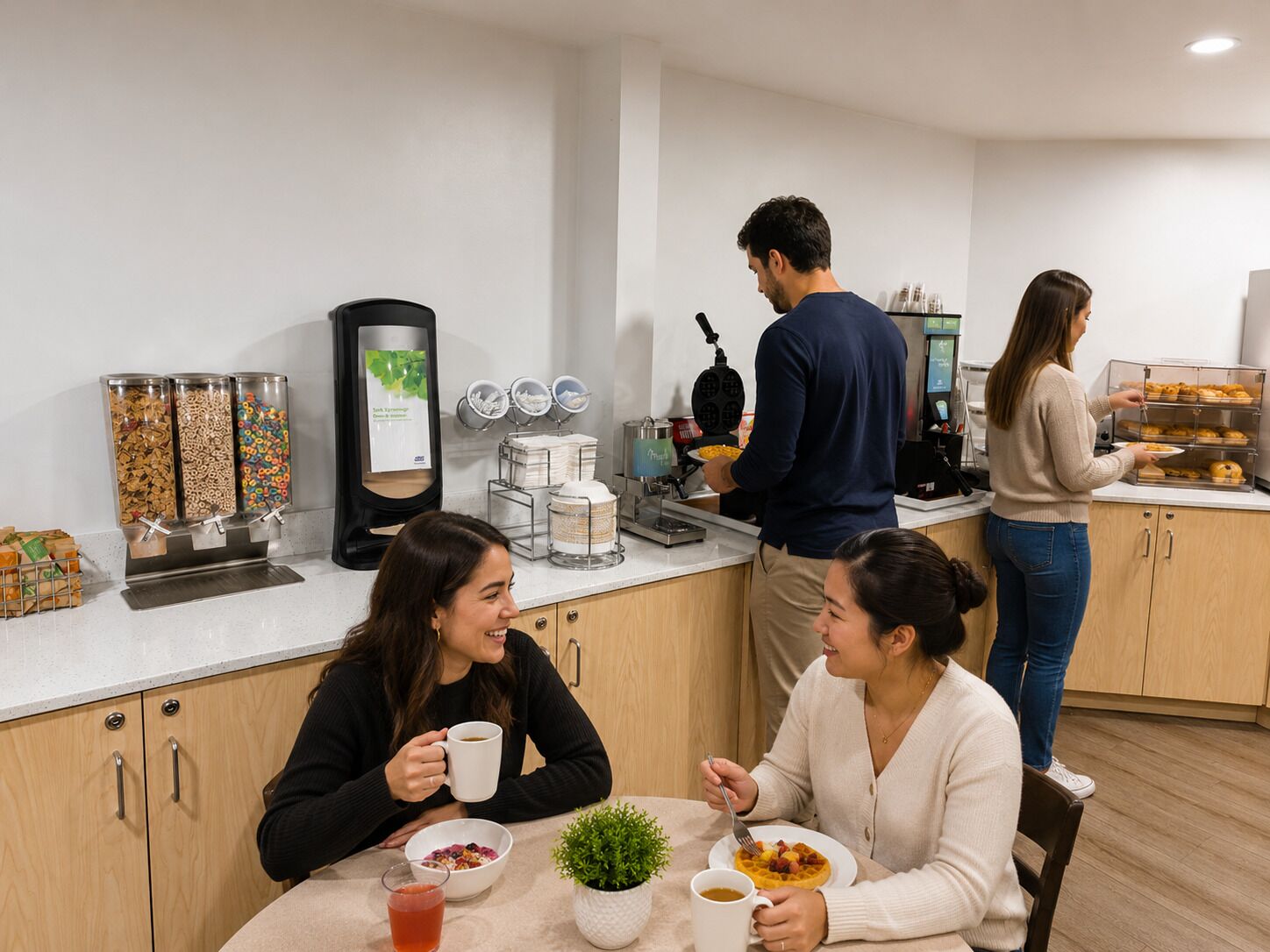 Un espacio para desayunar con una cafetera, dispensadores de cereales y una máquina para hacer gofres.