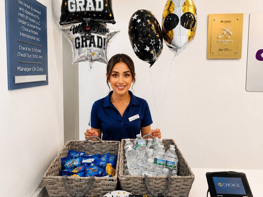 A hotel reception area with a staff member, graduation balloons, a plaque, and gift baskets.