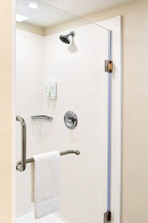 Shower, free toiletries, hair dryer, towels