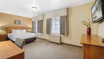 A hotel room with a bed, a desk, a chair, a radiator, and a TV on the wall.