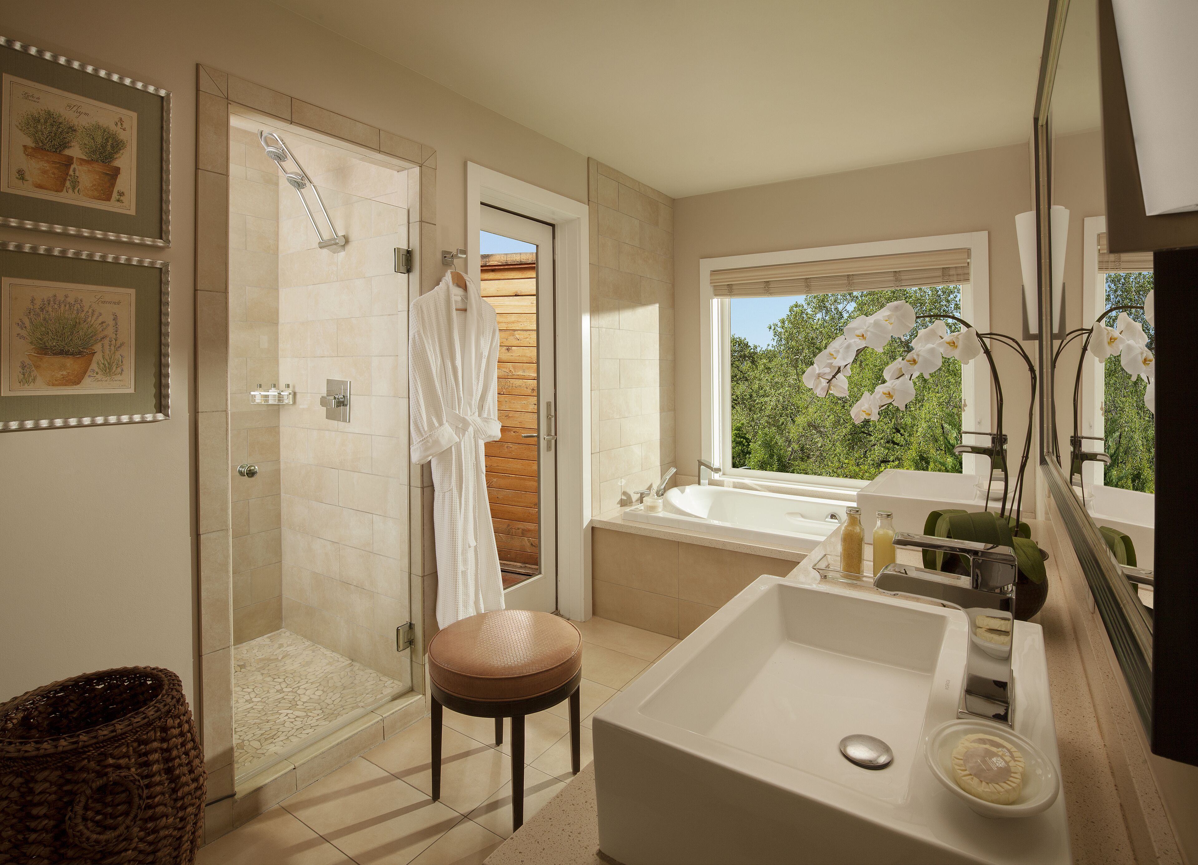 designer toiletries, hair dryer, bathrobes, slippers