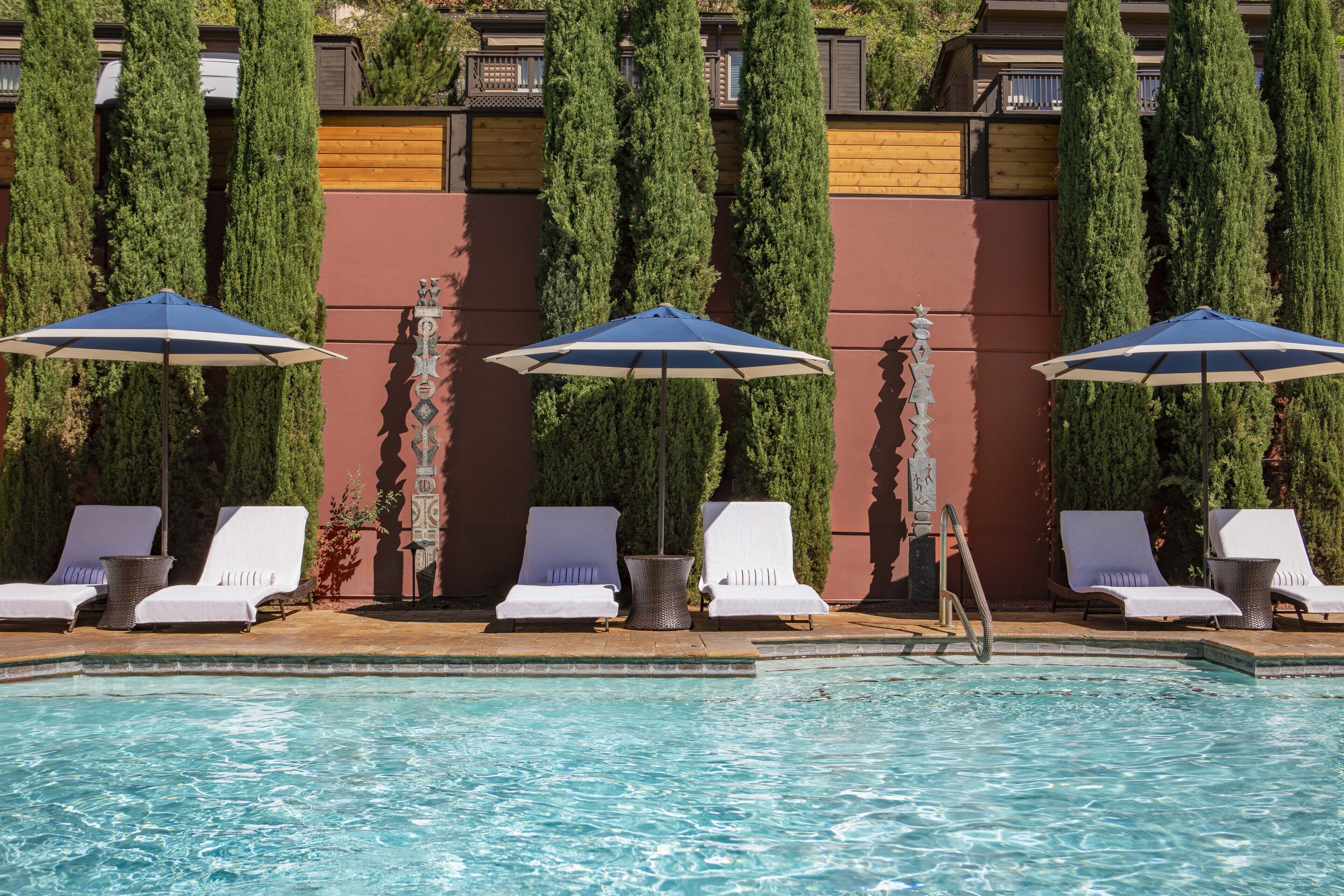 outdoor pool, pool loungers