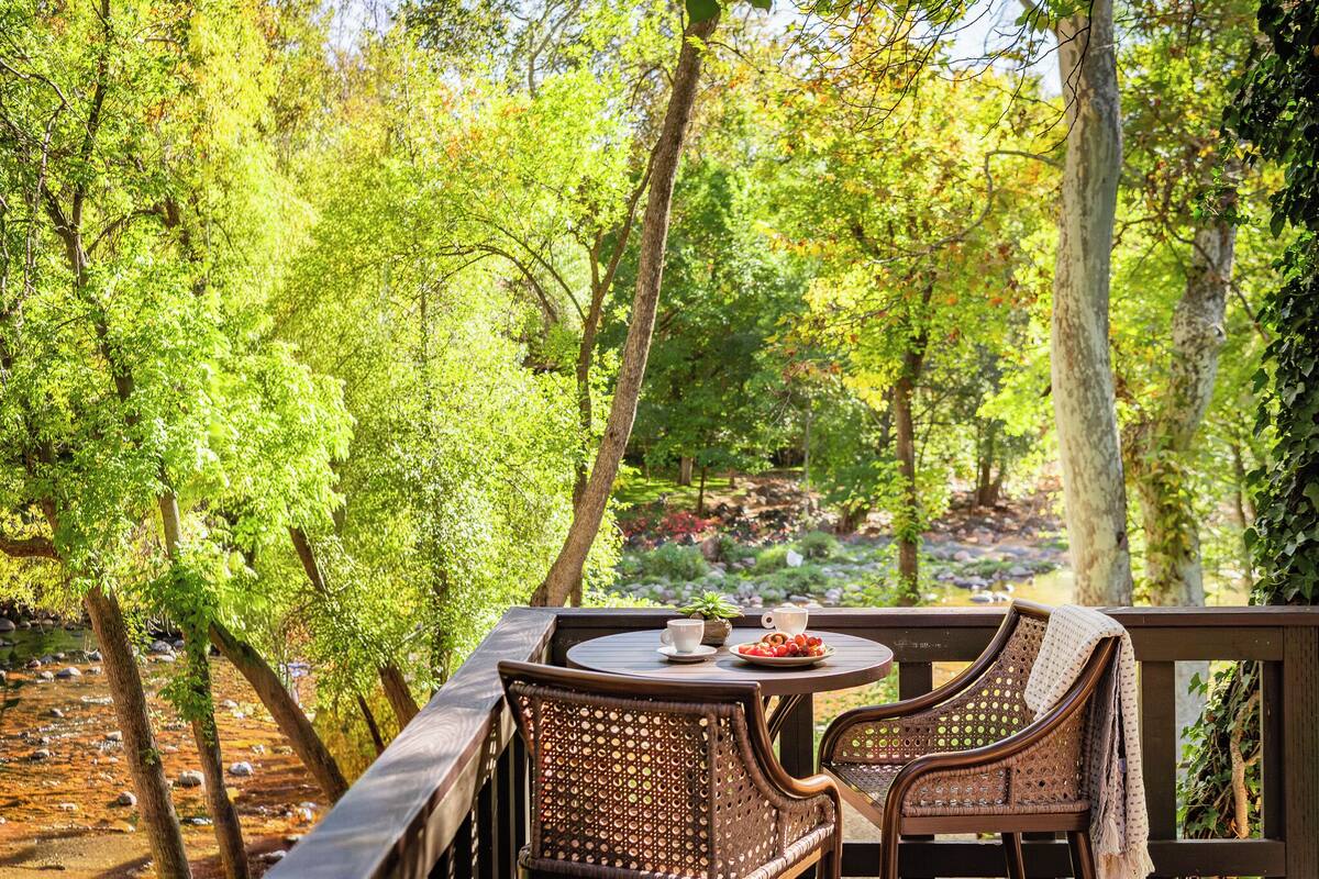 Un área de estar al aire libre con una mesa y sillas, rodeada de árboles y vistas a un arroyo.