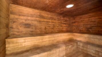 A sauna with wooden walls and benches.