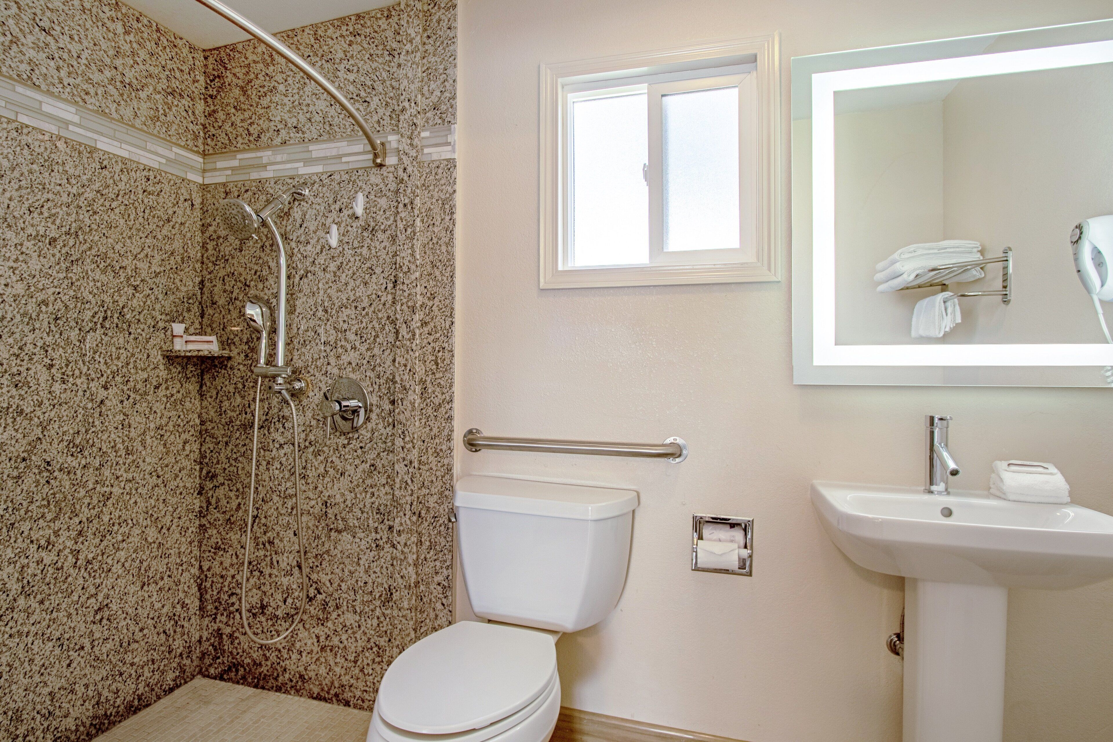 free toiletries, hair dryer, towels, soap