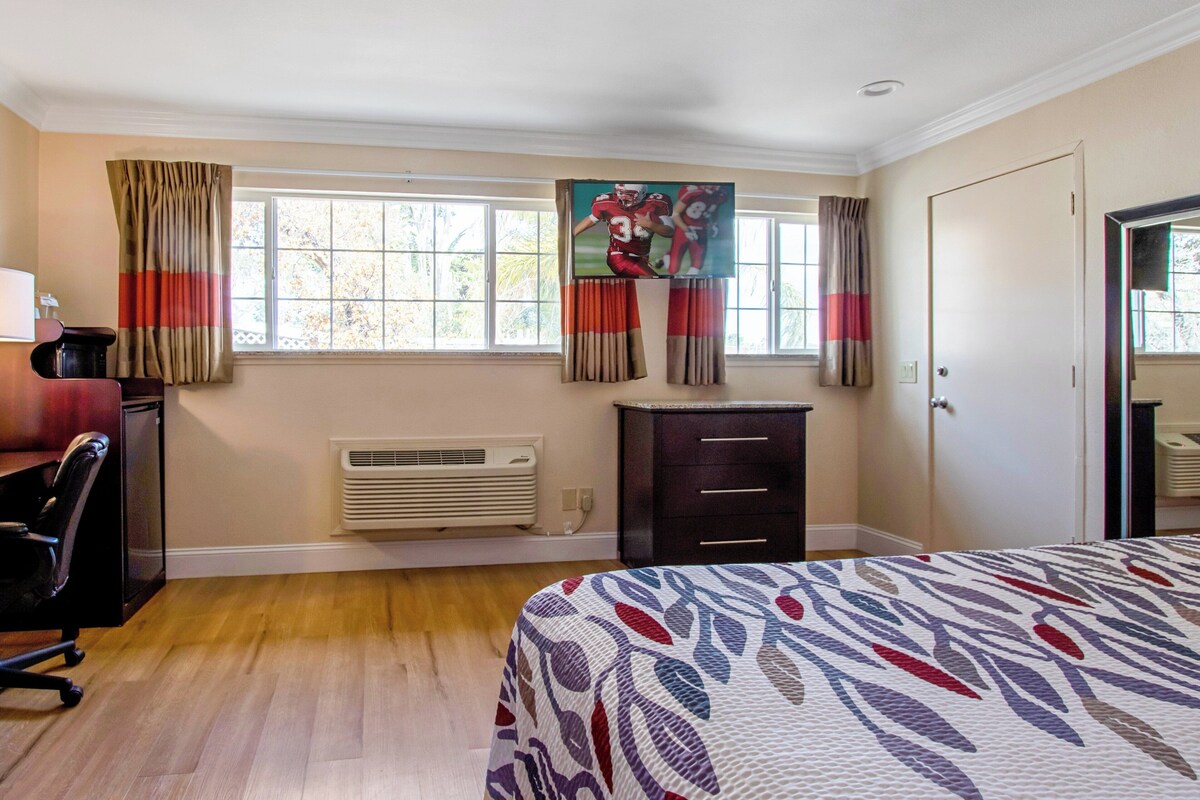 A bedroom with a bed, a desk, a chair, a heater, and a window with curtains.