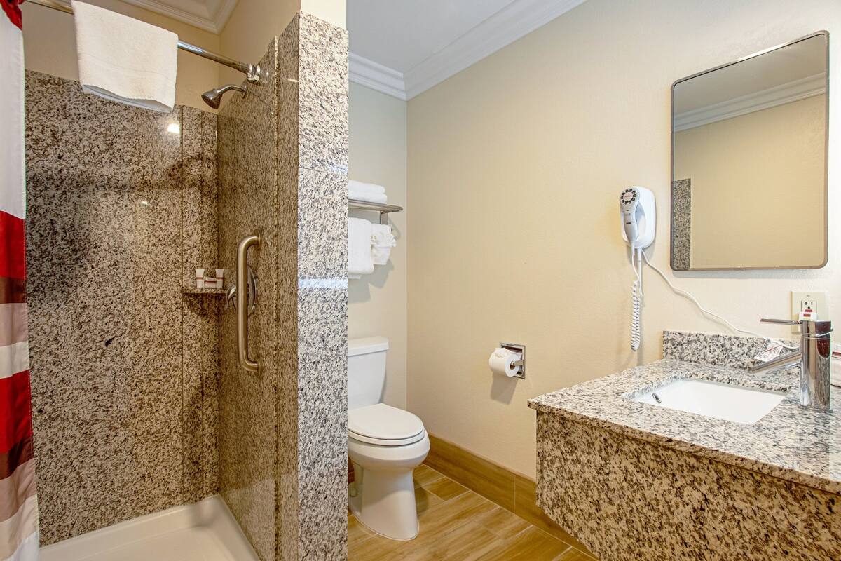 free toiletries, hair dryer, towels, soap