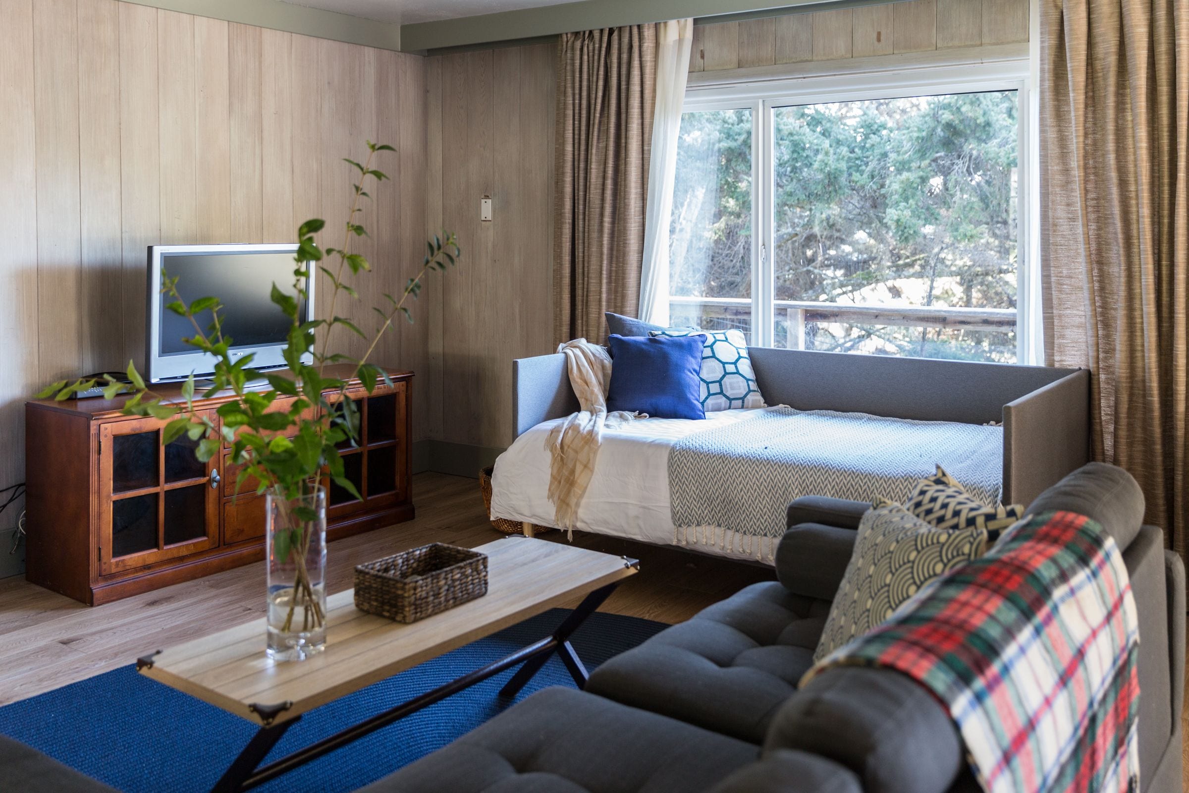 A cozy living room with a sofa, a TV, a wooden cabinet, and a window with curtains.