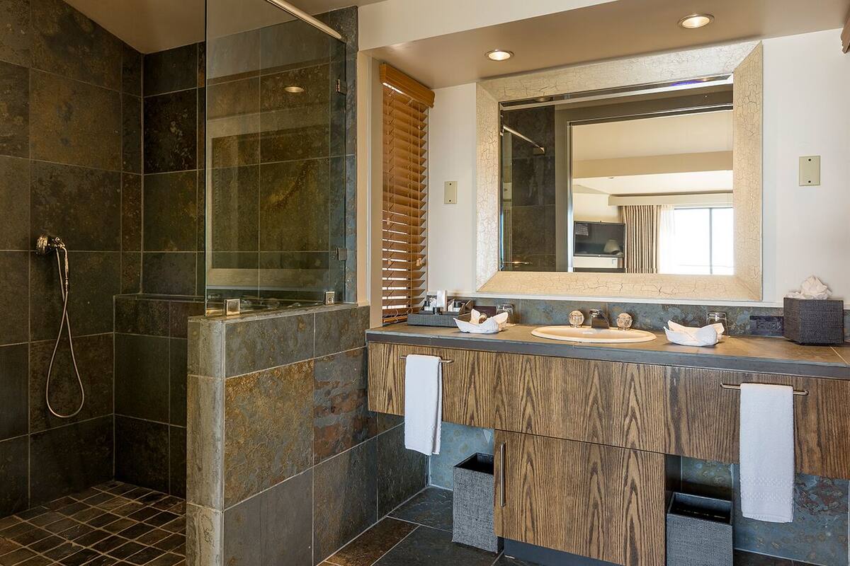 room, ocean view with tub | bathroom | rainfall showerhead, designer toiletries, hair dryer, bathrobes