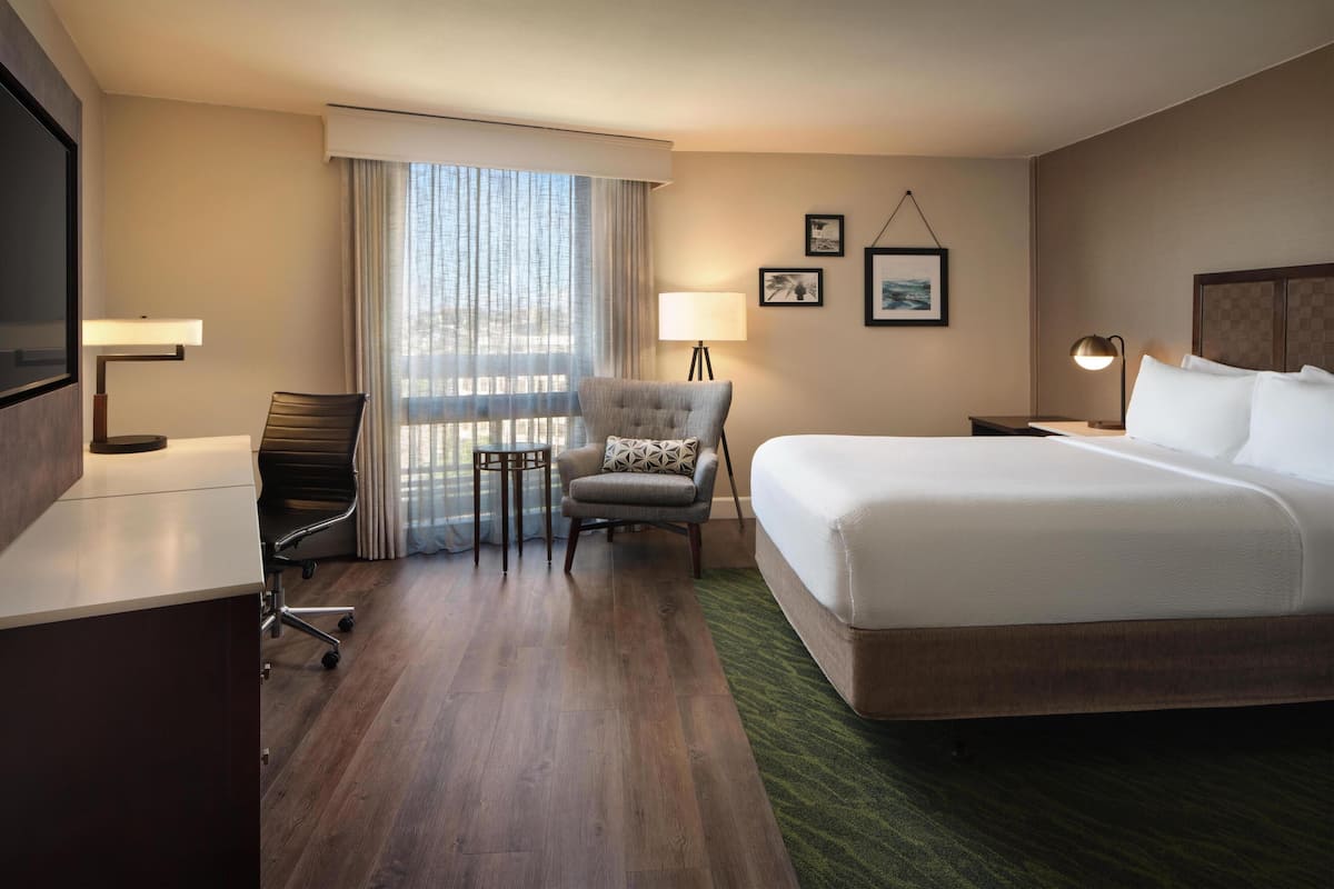 A hotel room with a large bed, a desk, a chair, a TV, a window with curtains, and a lamp.