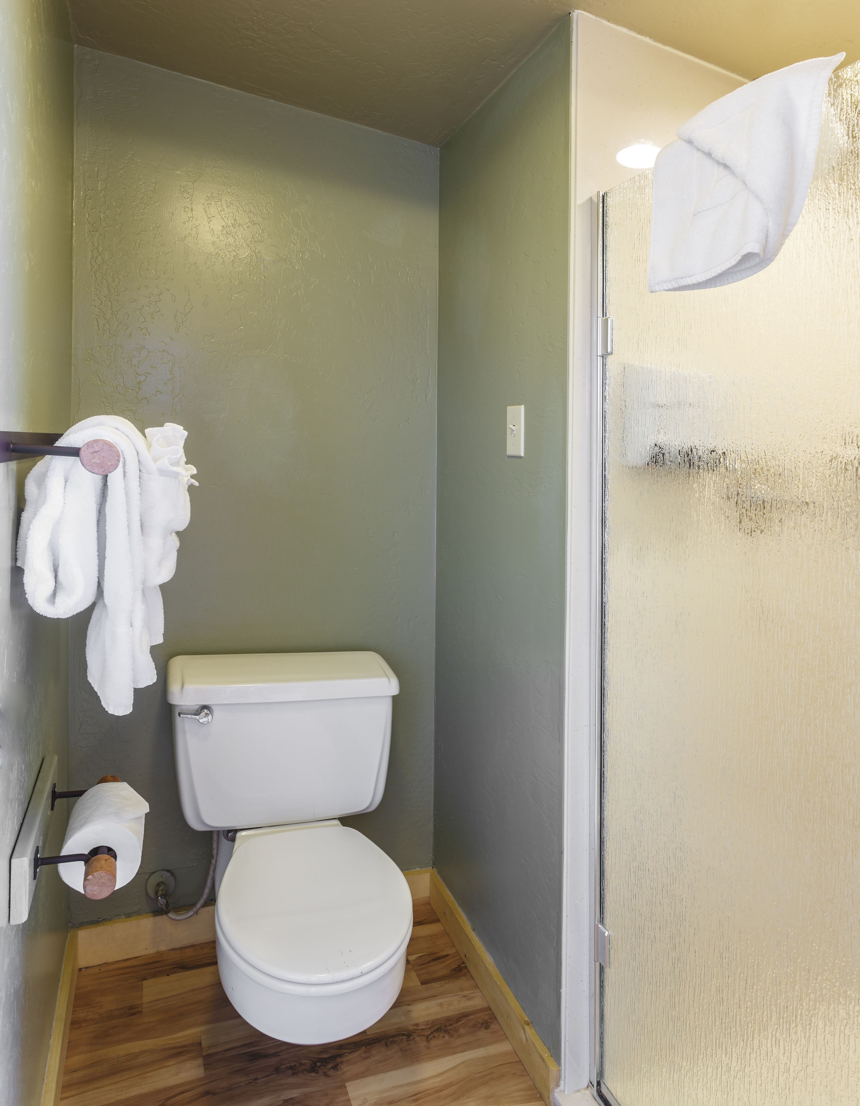 Un baño pequeño y funcional con inodoro, toallero y zona de ducha.