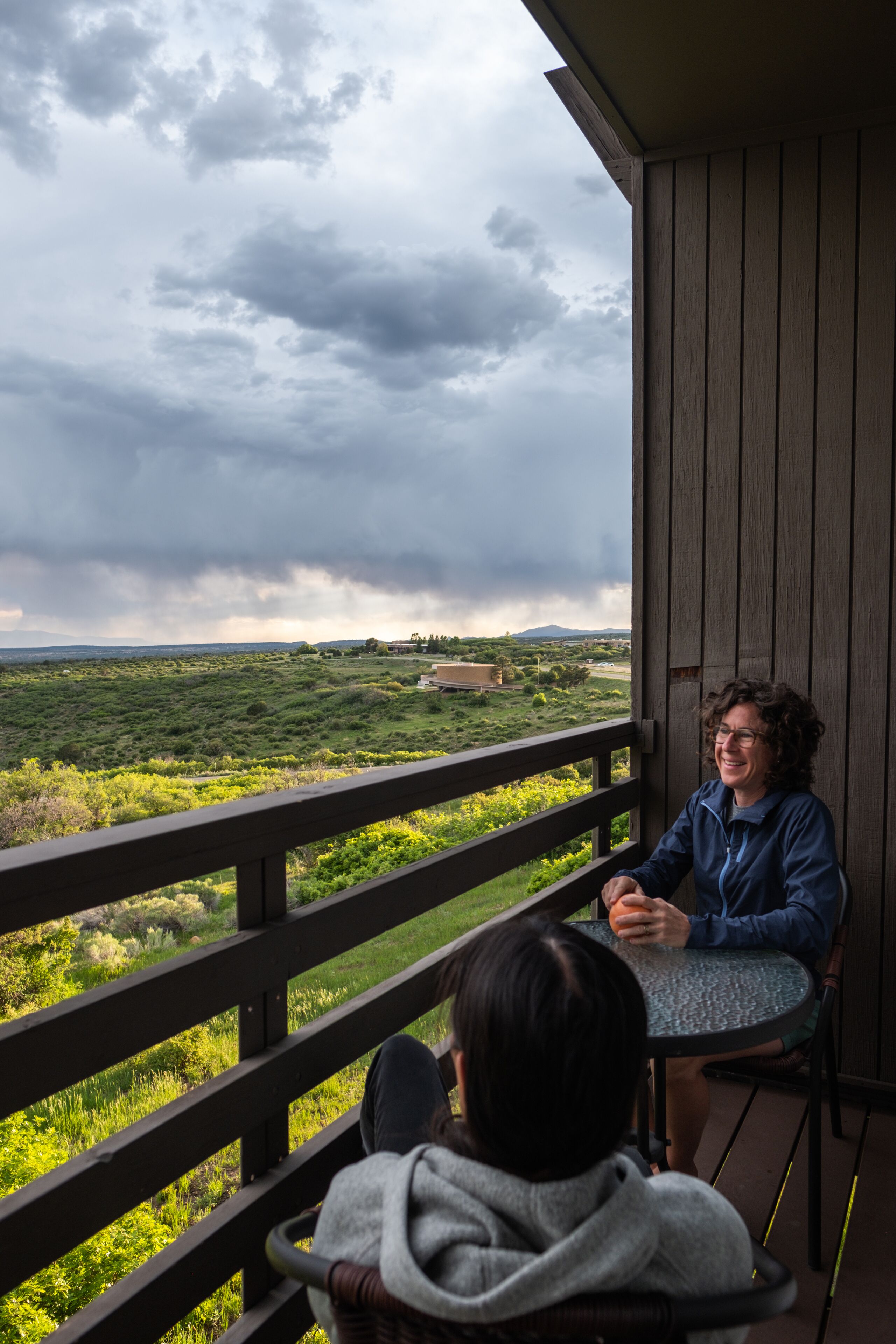A balcony with a view of a green landscape and distant buildings.