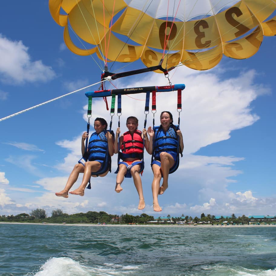 Three people parasailing over water with a clear sky and a distant shoreline.