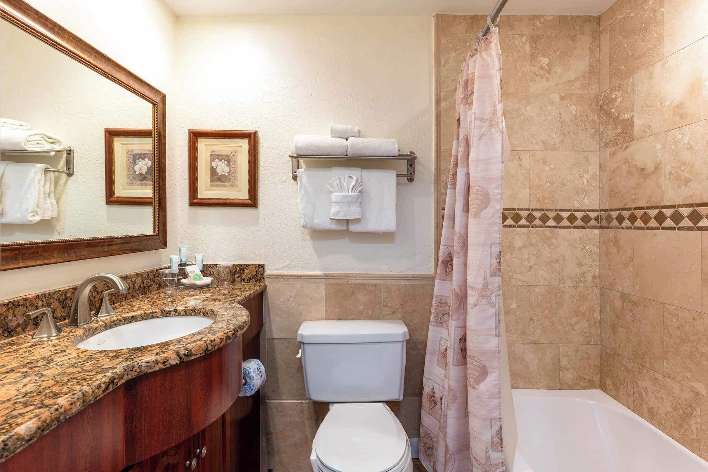 A bathroom with a granite countertop sink, a toilet, a shower curtain, and a mirror with framed pictures.