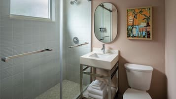A bathroom with a glass shower enclosure, a white sink, a toilet, and a mirror.