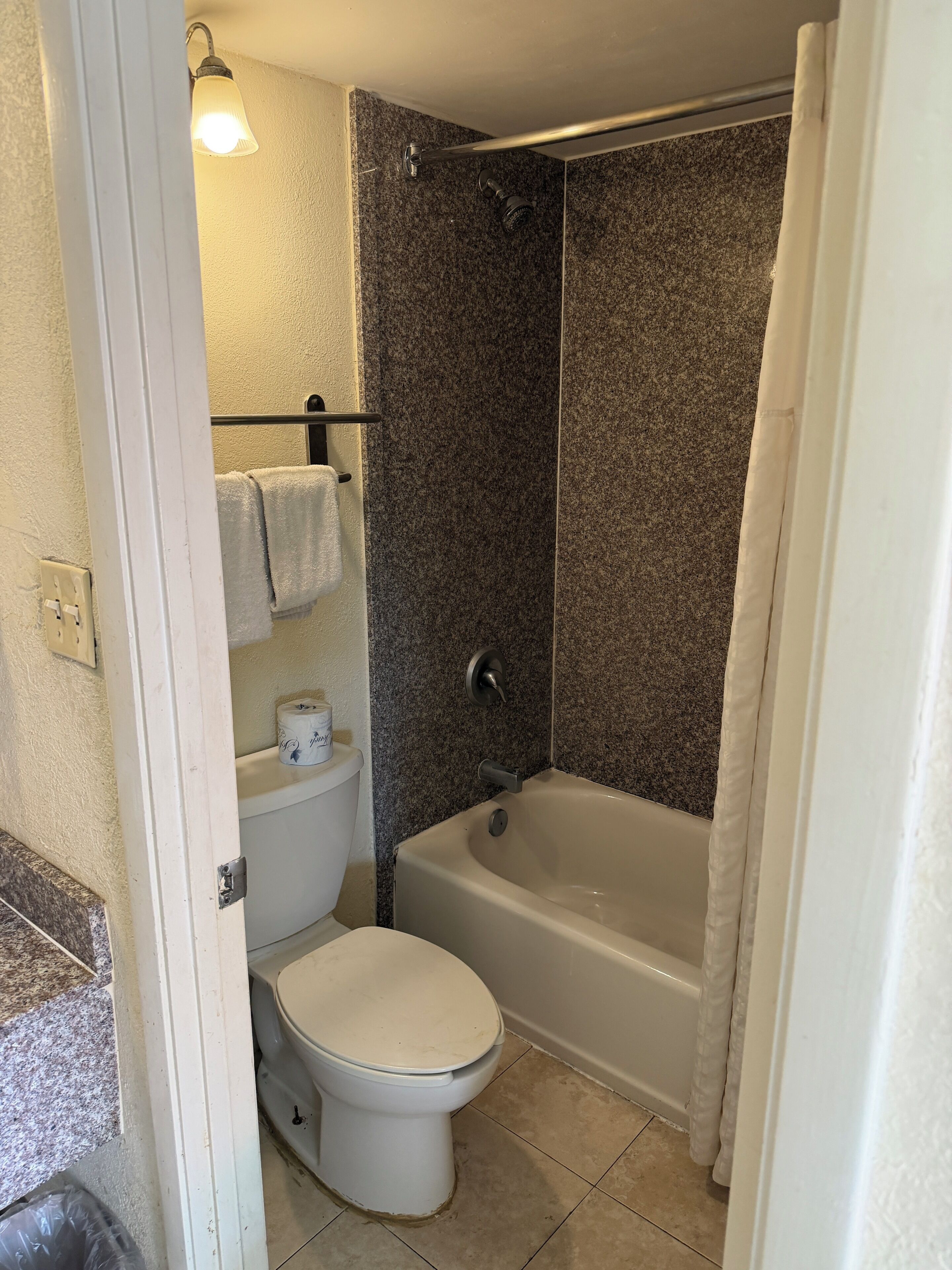Une salle de bain équipée de toilettes, d’une baignoire, d’un rideau de douche et d’un porte-serviettes.