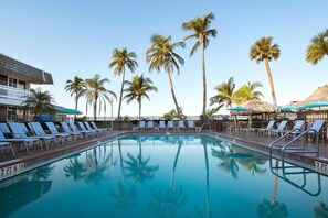 Outdoor pool, pool umbrellas, pool loungers