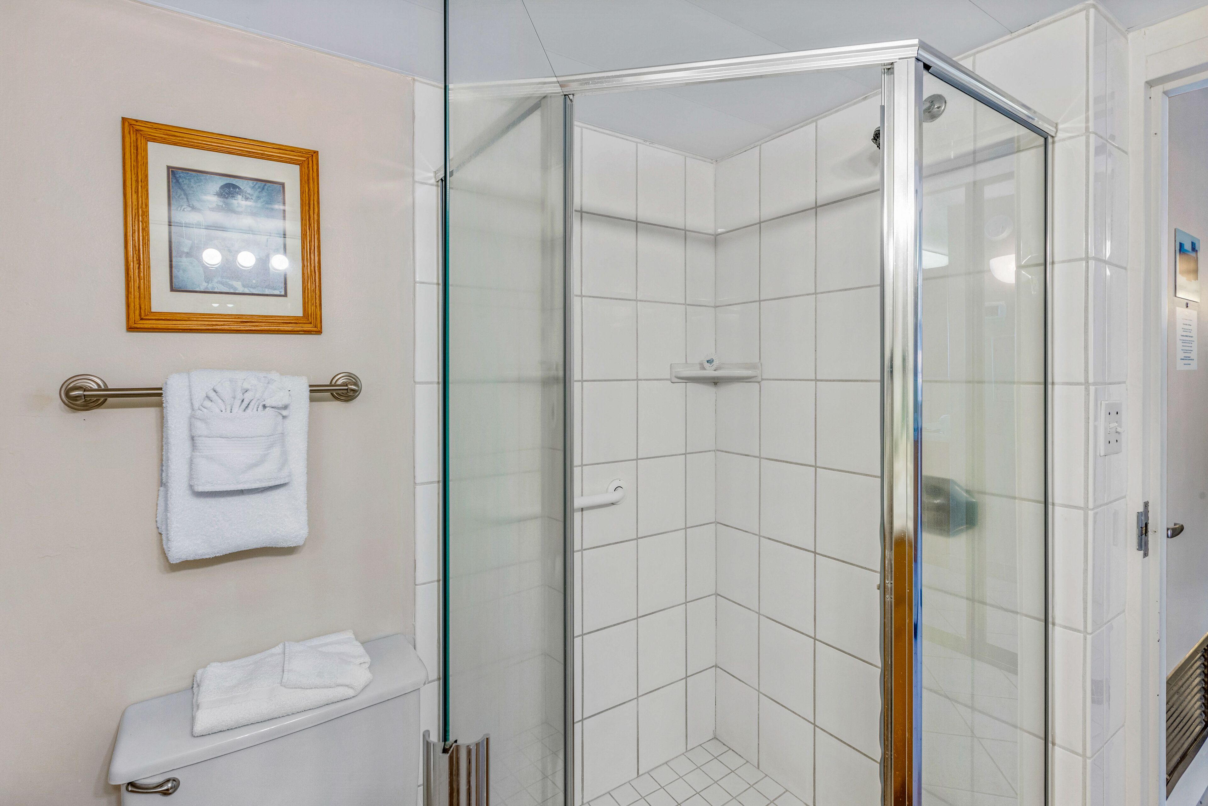 A bathroom with a glass-enclosed shower, a toilet, and a towel rack with two towels.