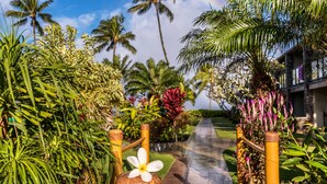 A pathway lined with tropical plants and palm trees, leading to a building with a balcony. - The Mauian - Boutique Beach Studios on Napili Bay (Lahaina)
