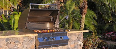 An outdoor grill with a stone base and a metal hood, surrounded by tropical plants and a palm tree.