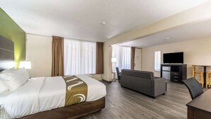 A hotel room with a bed, a sofa, a desk, a TV, and a kitchenette.