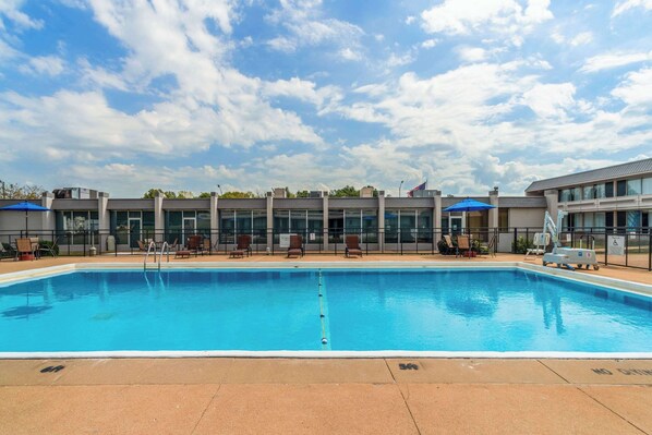 Seasonal outdoor pool, pool umbrellas, pool loungers