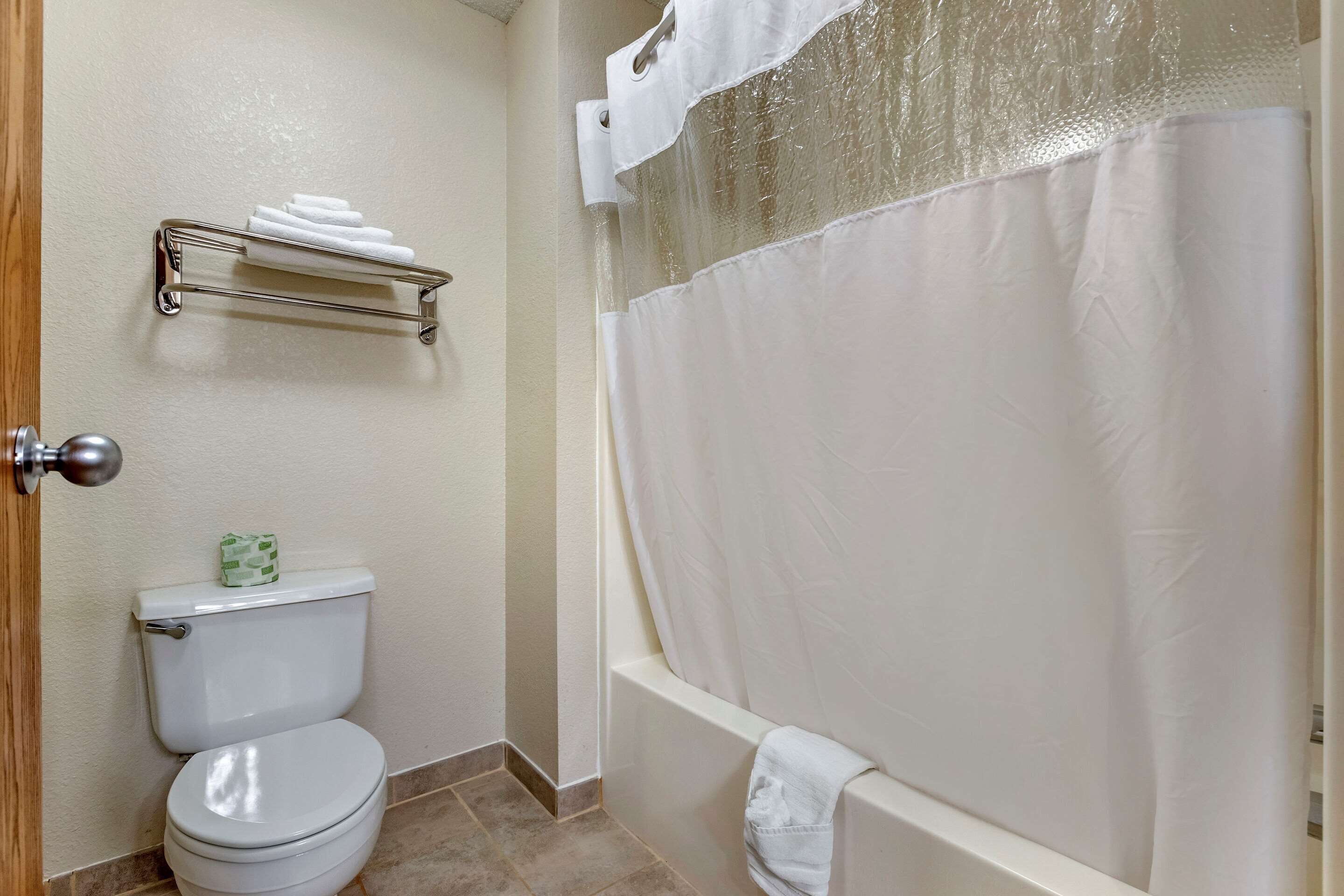 A bathroom with a toilet, a towel rack, and a bathtub with a shower curtain.