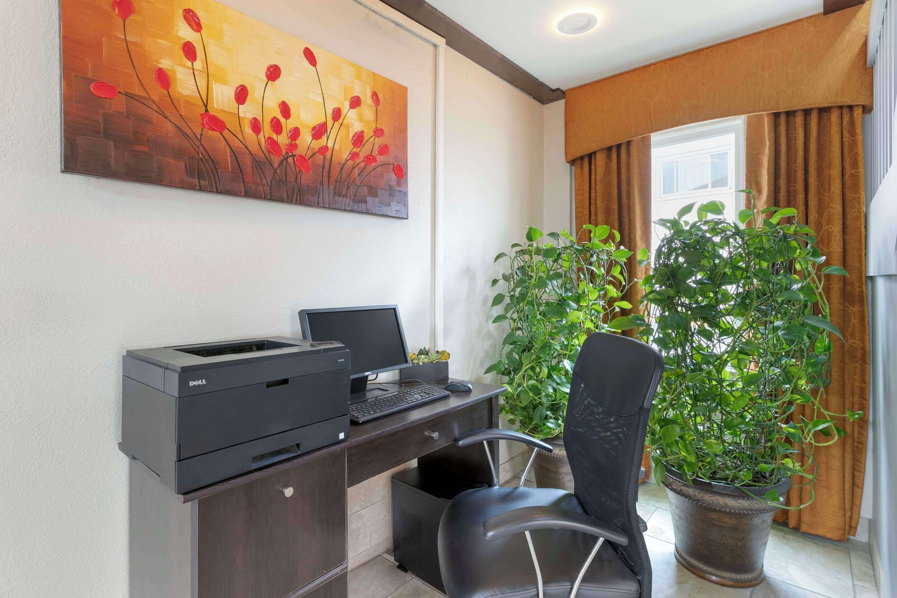 A hotel room with a desk, printer, chair, and two potted plants.