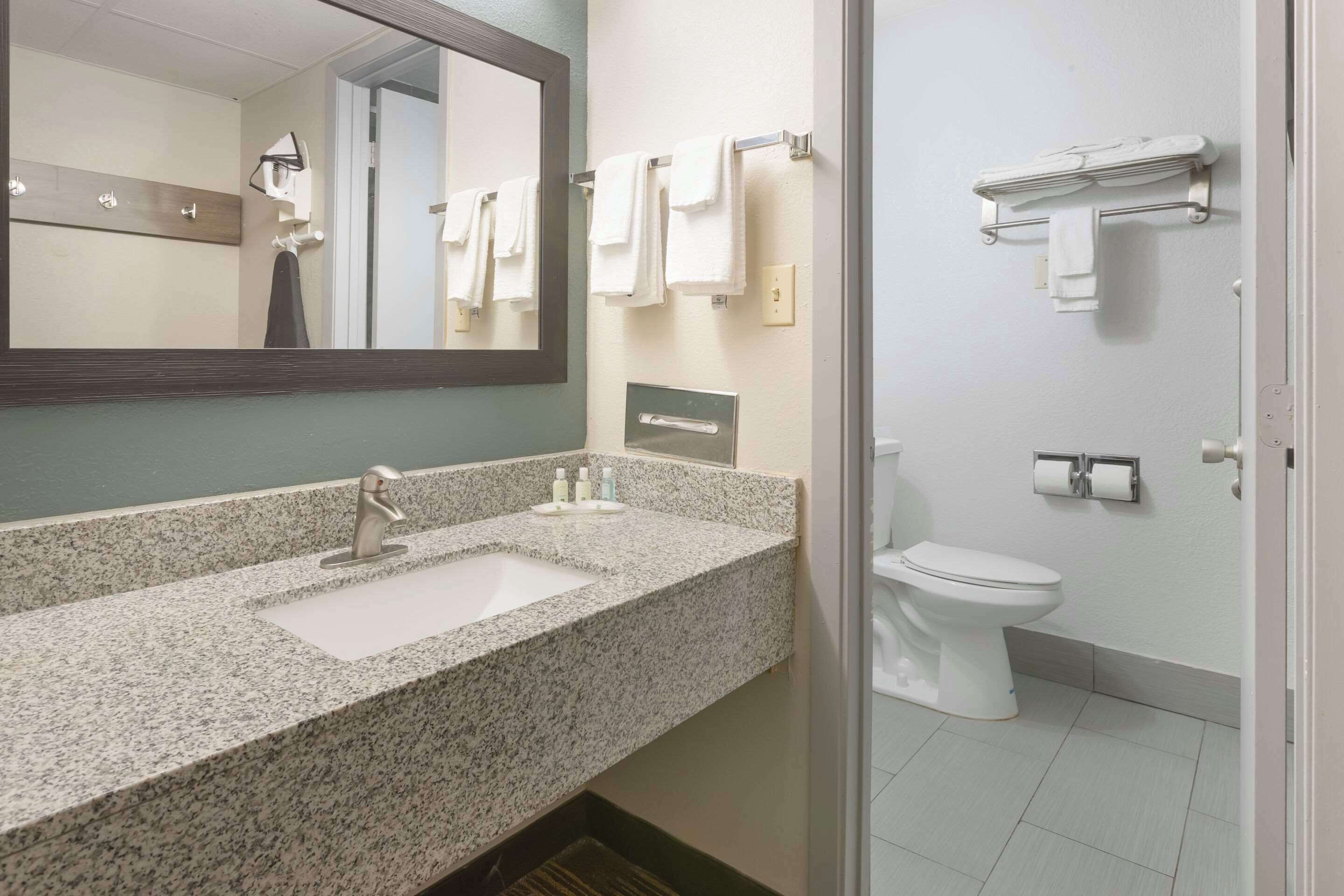 Une salle de bain avec un lavabo doté d’un plan de travail en granit, un miroir, des toilettes et un porte-serviettes.
