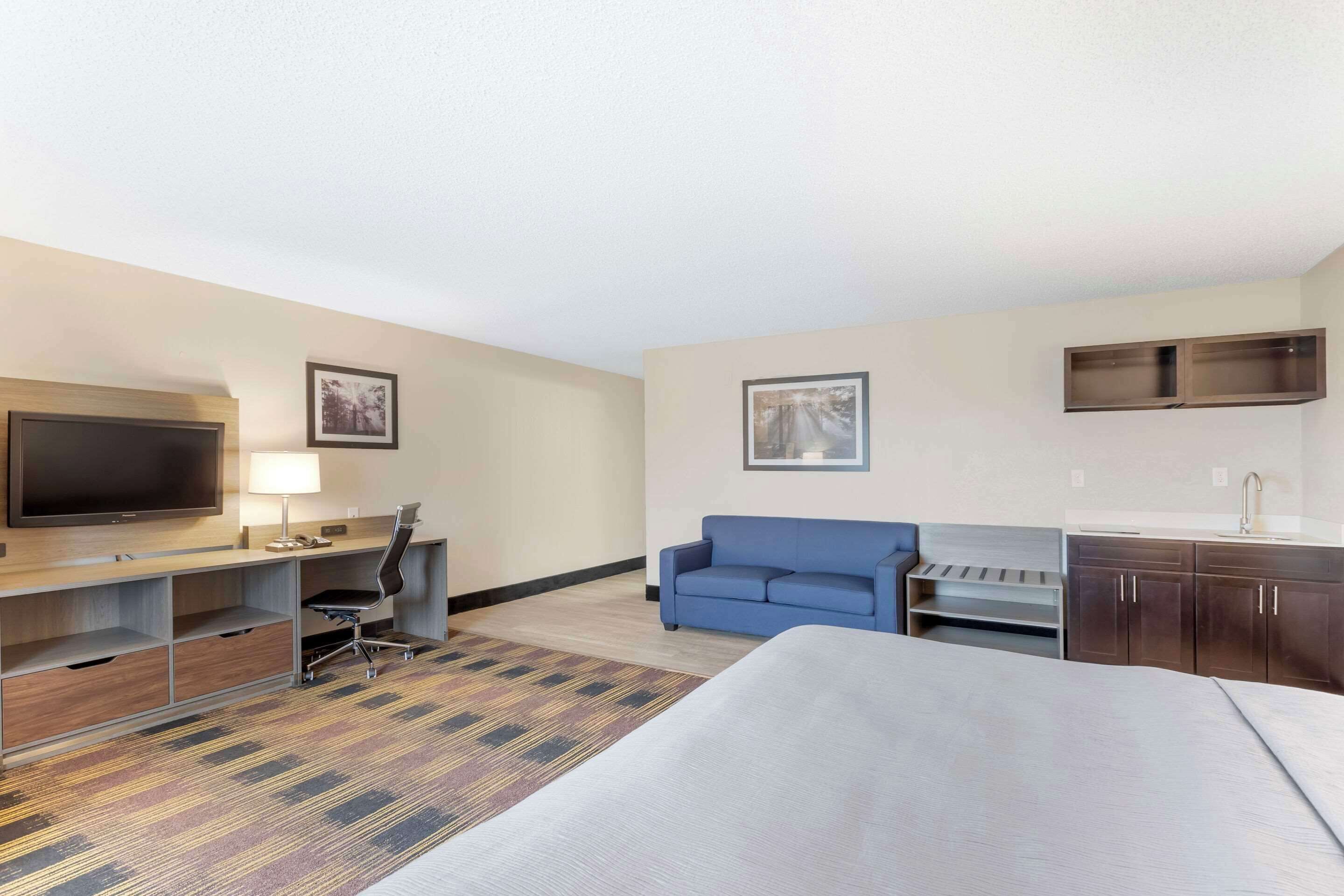 A hotel room with a bed, desk, chair, TV, sofa, and a kitchenette.