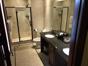 Suite, 1 cama de matrimonio grande, cocina básica, en edificio anexo | Baño | Ducha y bañera combinadas y artículos de higiene personal gratuitos