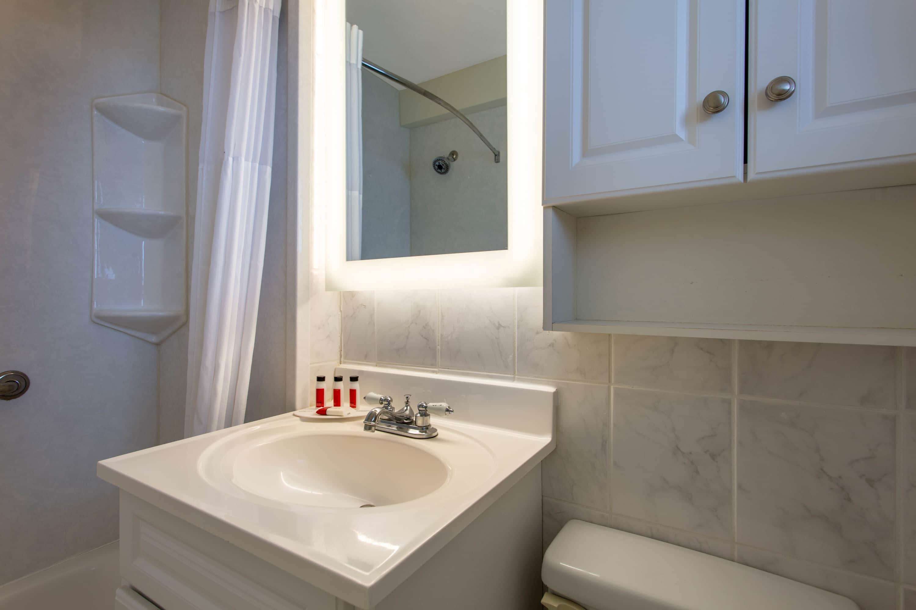 Une salle de bain avec un lavabo blanc, un miroir et une douche.