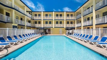 Seasonal outdoor pool, open 10 AM to 10 PM, pool umbrellas, sun loungers