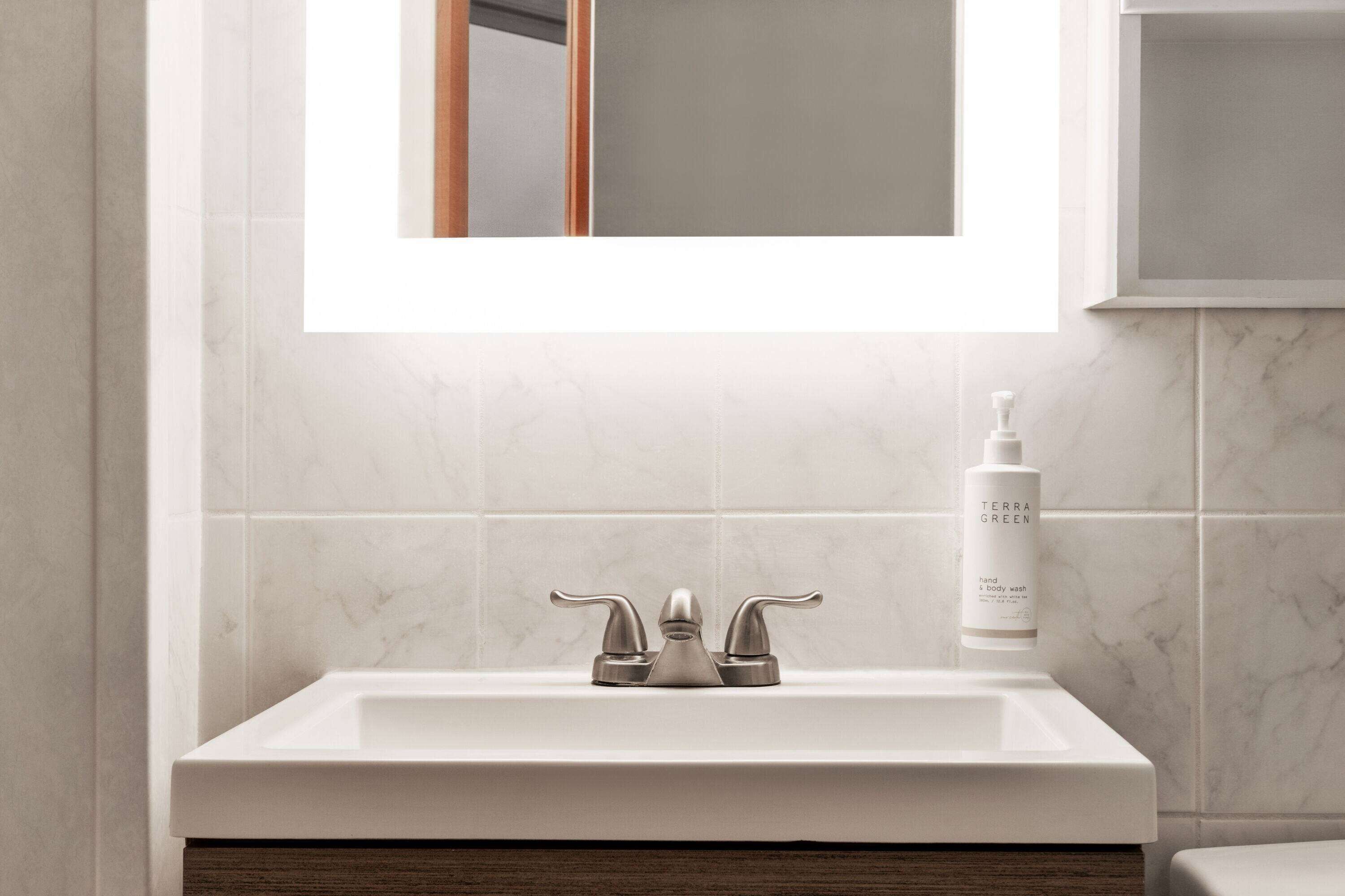 A bathroom with a white sink, a mirror above it, and a bottle of hand soap on the counter.