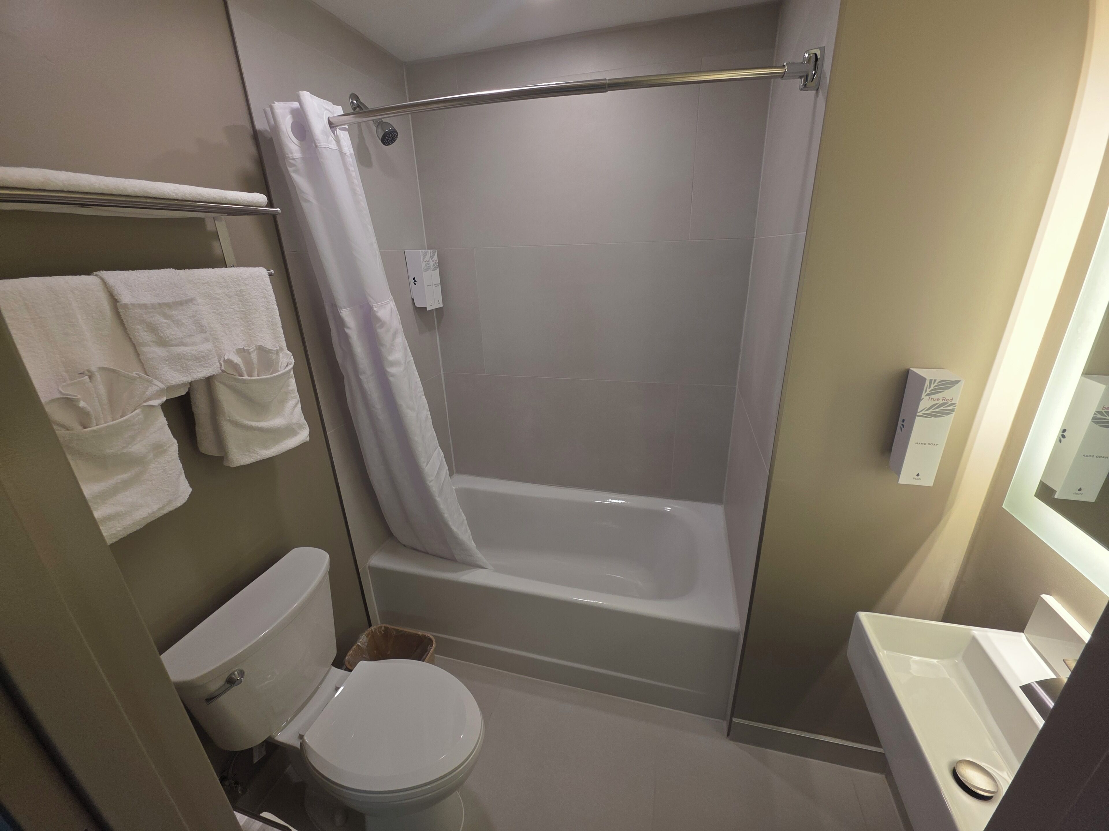 Combined shower/tub, free toiletries, hair dryer, towels