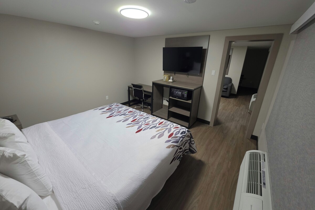 Habitación de hotel con cama, escritorio, televisor de pantalla plana y vestidor.