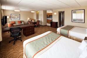 Junior Suite, 2 Queen Beds | Desk, blackout drapes, iron/ironing board, free cribs/infant beds