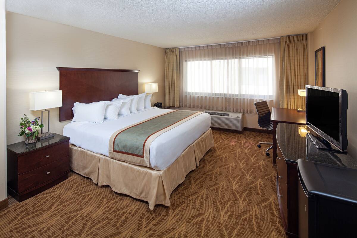 A hotel room with a large bed, a desk with a television, a chair, and a desk lamp.
