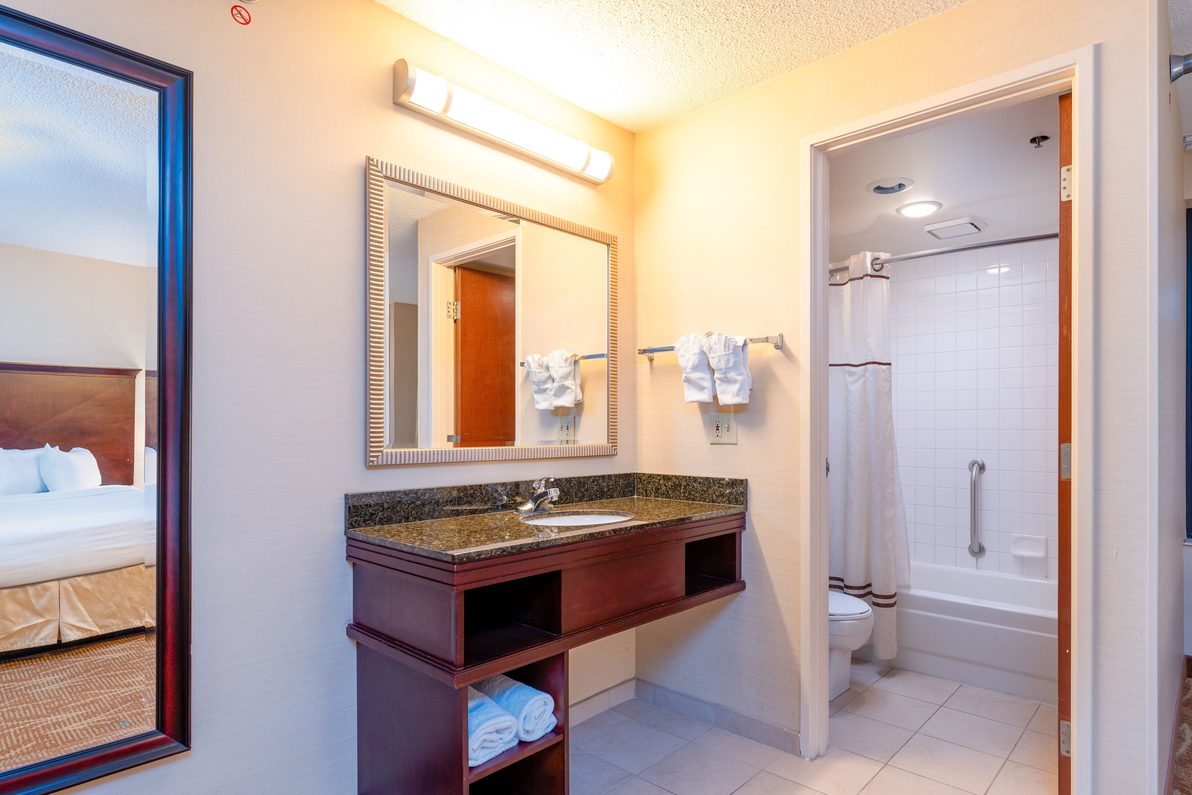 Un baño de hotel con lavamanos, espejo y ducha.