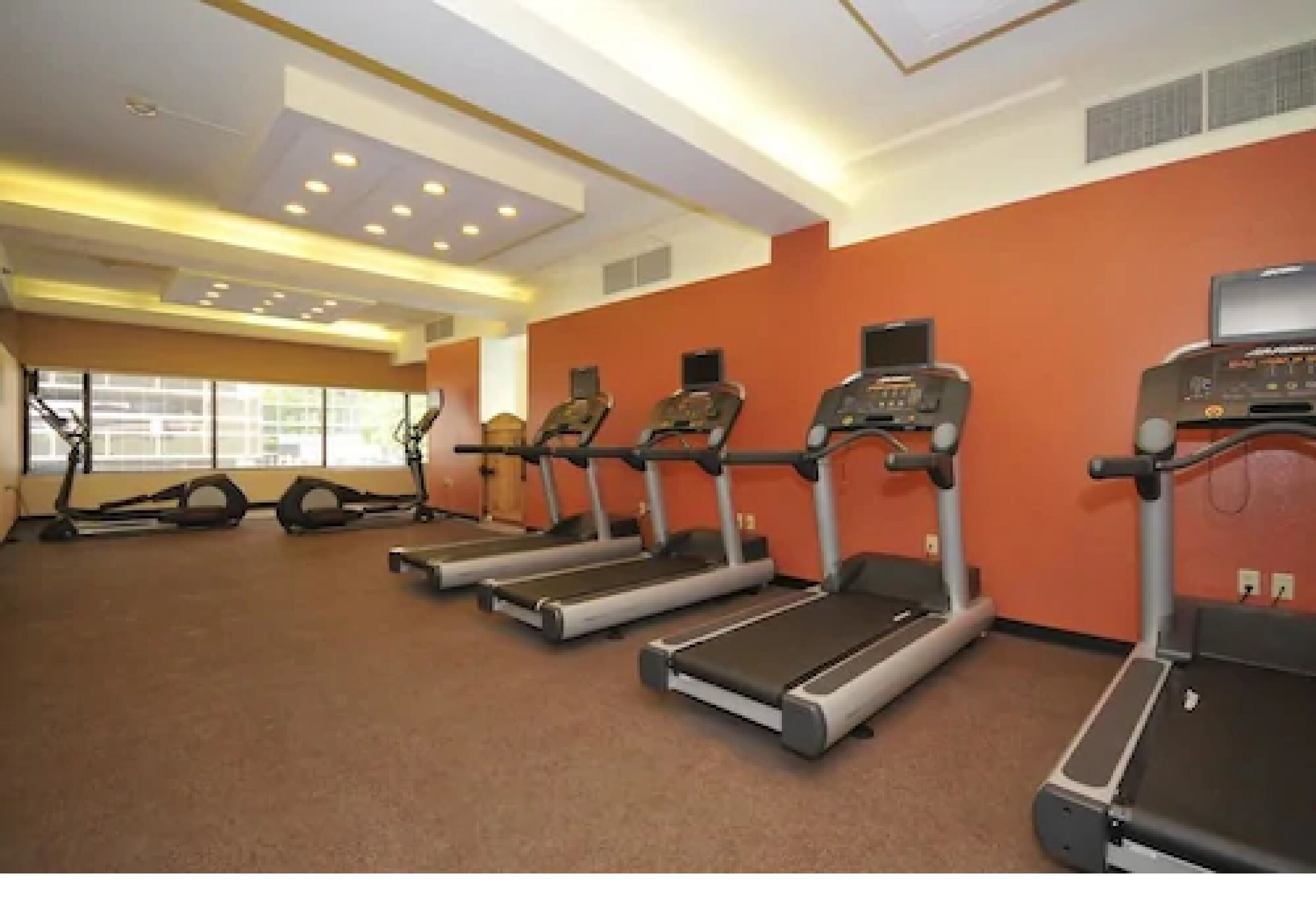 A gym with treadmills, a stationary bike, and a rowing machine.