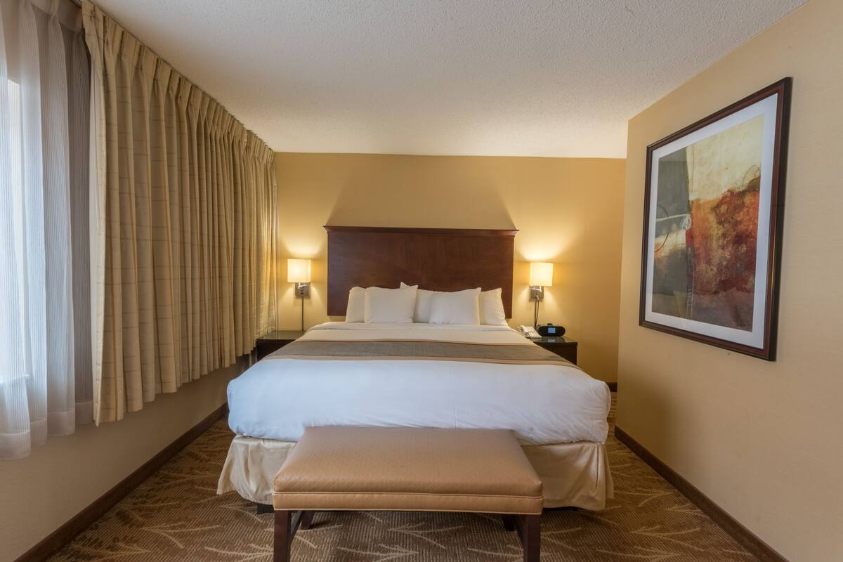 A hotel room with a large bed, two bedside lamps, a headboard, a bench, and a painting on the wall.