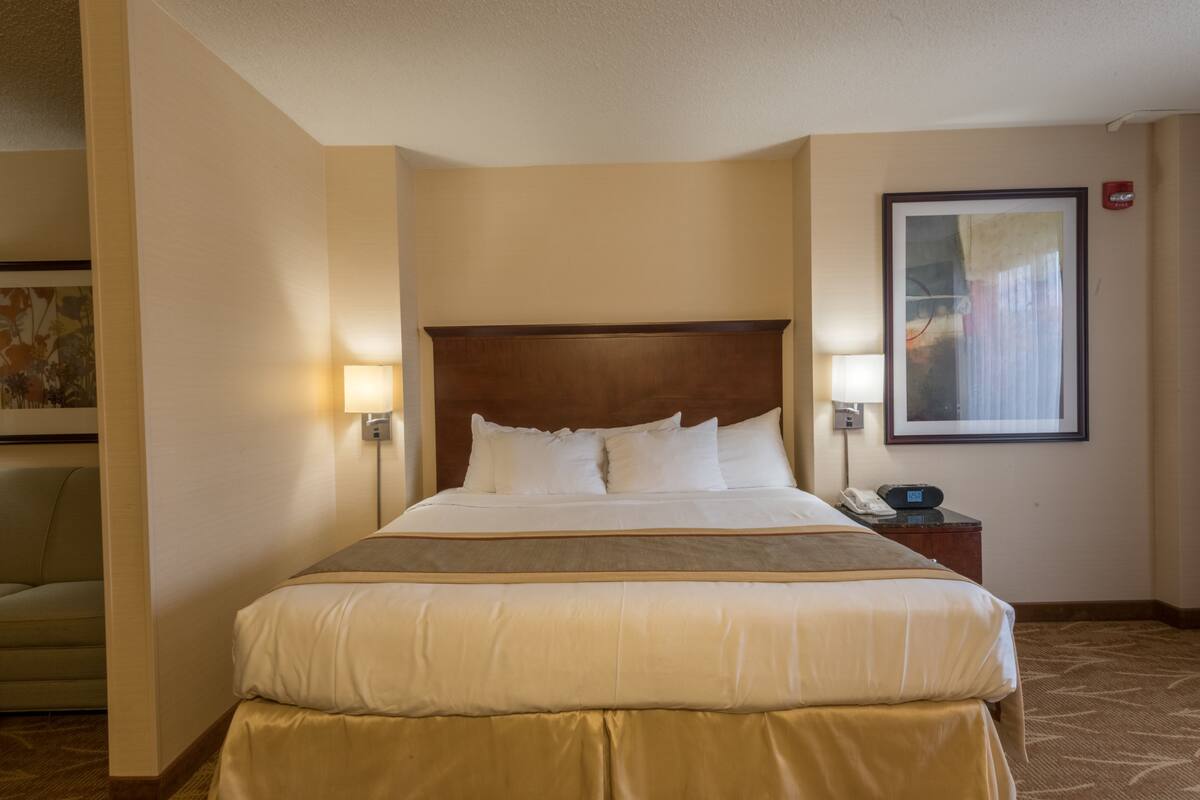 A hotel room with a large bed, two bedside lamps, a nightstand with a phone, and a framed picture on the wall.