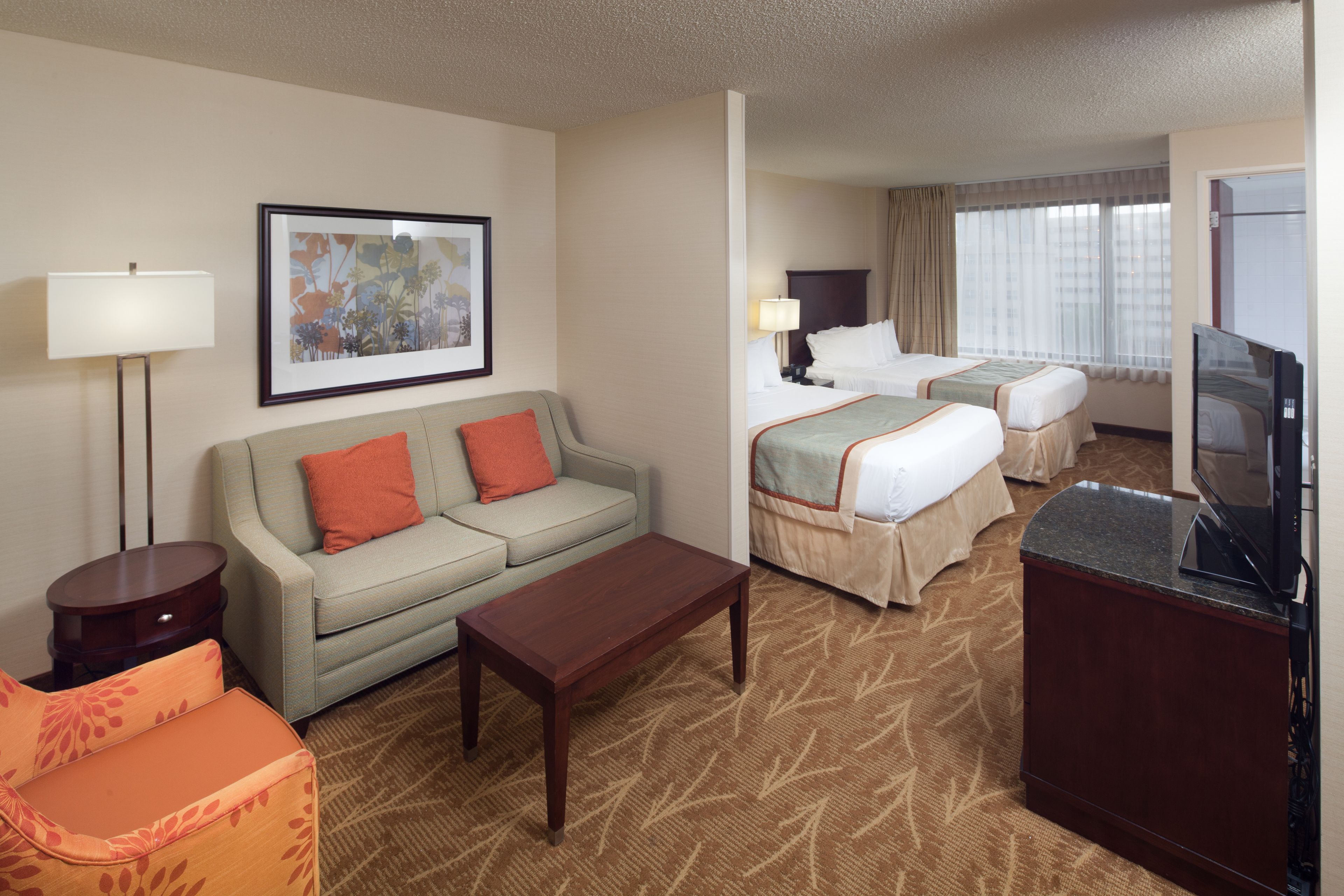 A hotel room with a sofa, a small table, a bed with a canopy, a television, and a framed picture on the wall.