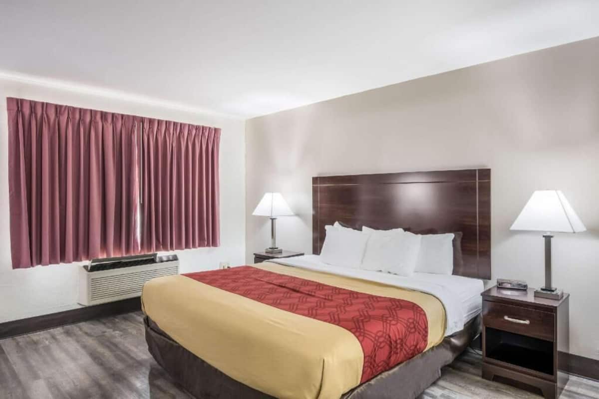 A hotel room with a large bed, two bedside tables with lamps, a window with curtains, and a wall-mounted heater.